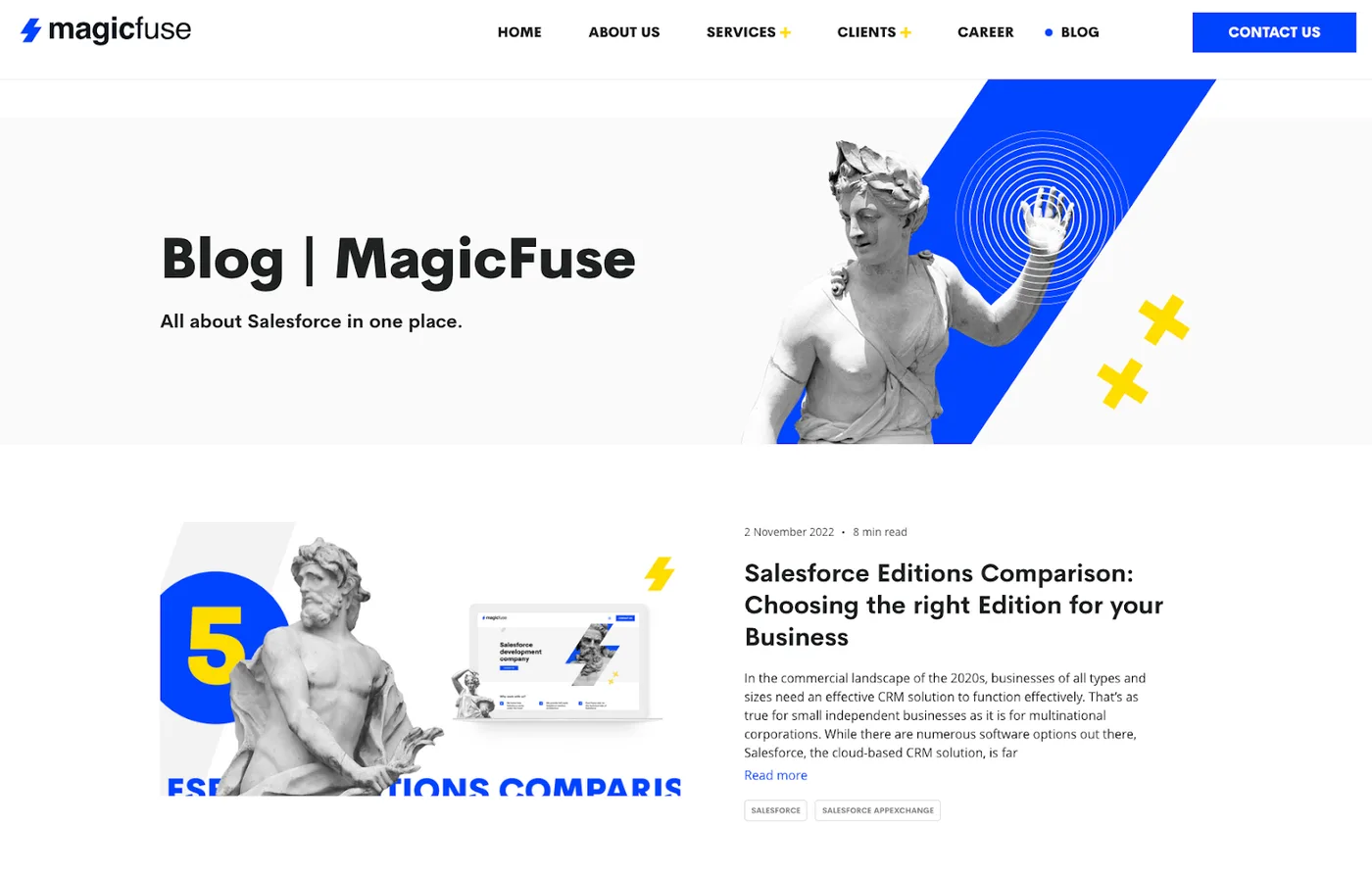 MagicFuse blog homepage with Salesforce editorial content